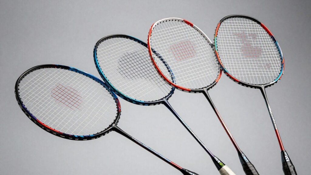Yonex badminton racquets arranged artfully.