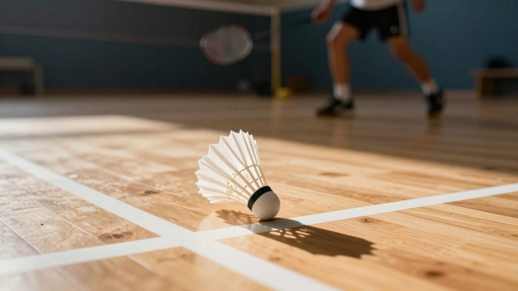 Badminton court with shuttlecock in motion.