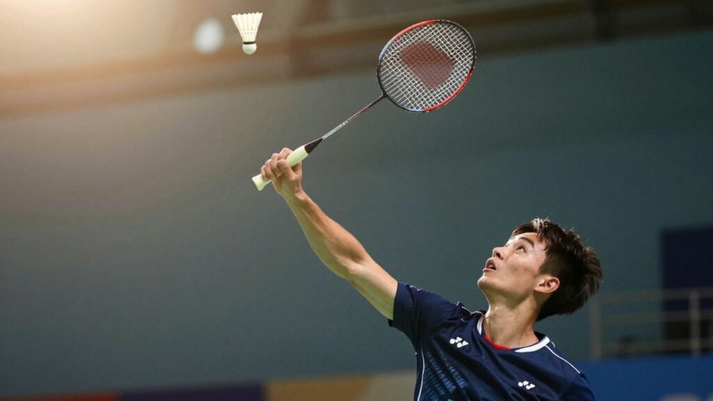Badminton player executing a powerful overhead birdie shot.
