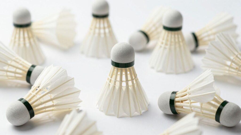 Various badminton birdies on a white surface.