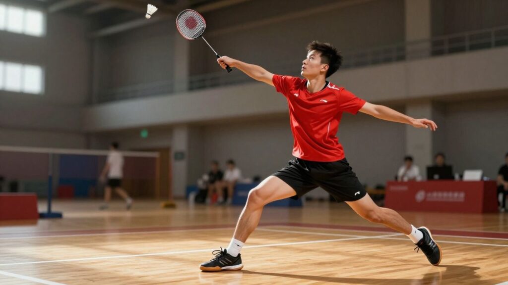 Badminton player in action on a court.