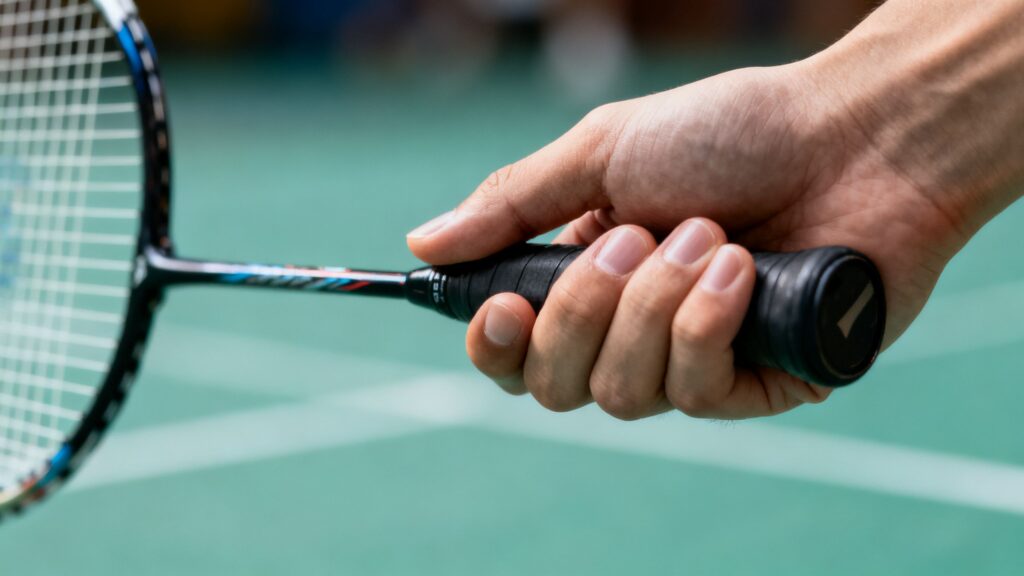 Close-up of a badminton player's backhand serving grip on a racket.