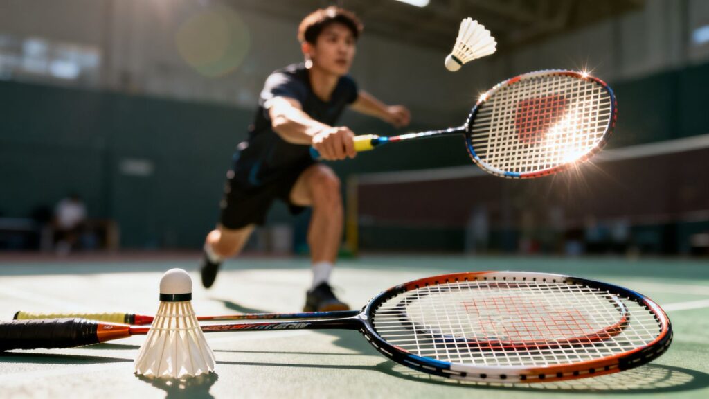 Badminton kit with player mid-swing and shuttlecock.