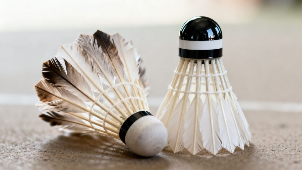 Traditional feather and modern synthetic badminton shuttlecocks.