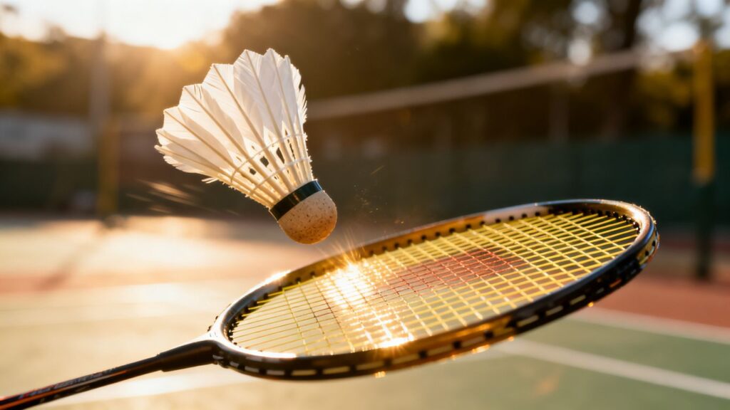 Badminton racket and shuttlecock in action.