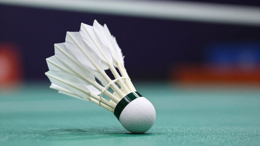 Badminton shuttlecock in flight on court