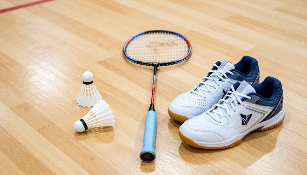 Clean badminton racket, shuttlecock, and shoes ready for play.