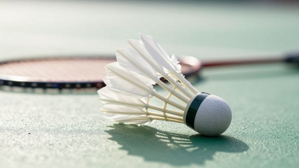 Badminton shuttlecock in motion during a game.