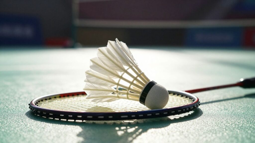 Badminton shuttlecock and racket on court