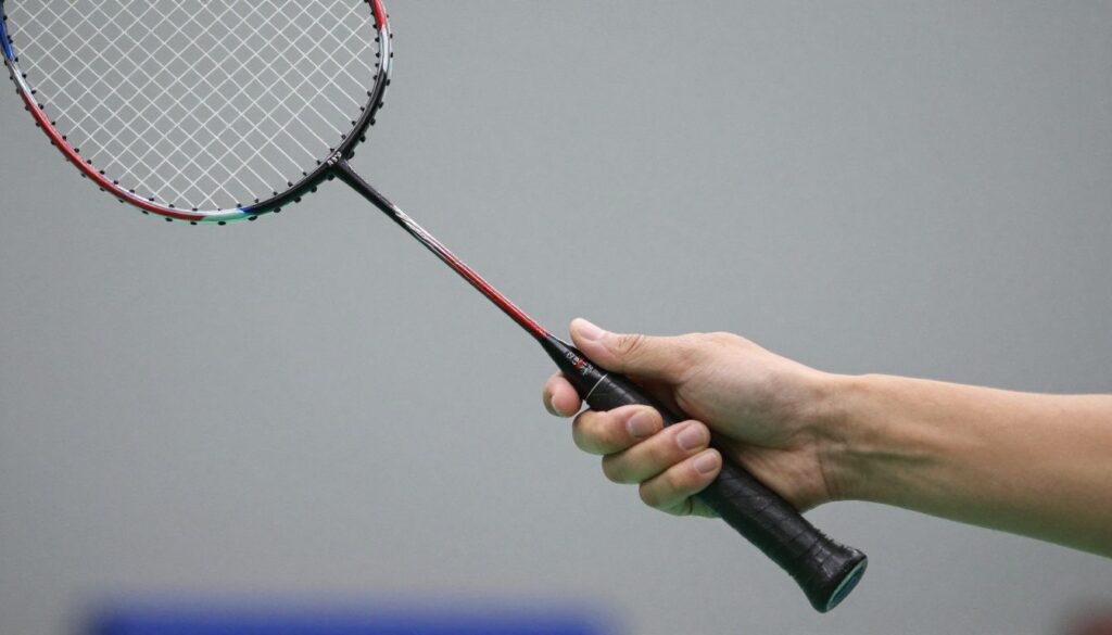 Close-up of hands demonstrating a correct badminton racket grip.