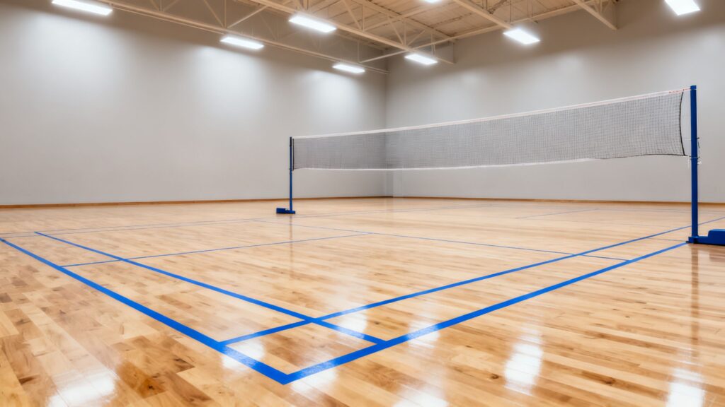 Clean indoor badminton court with polished wooden floor and net.