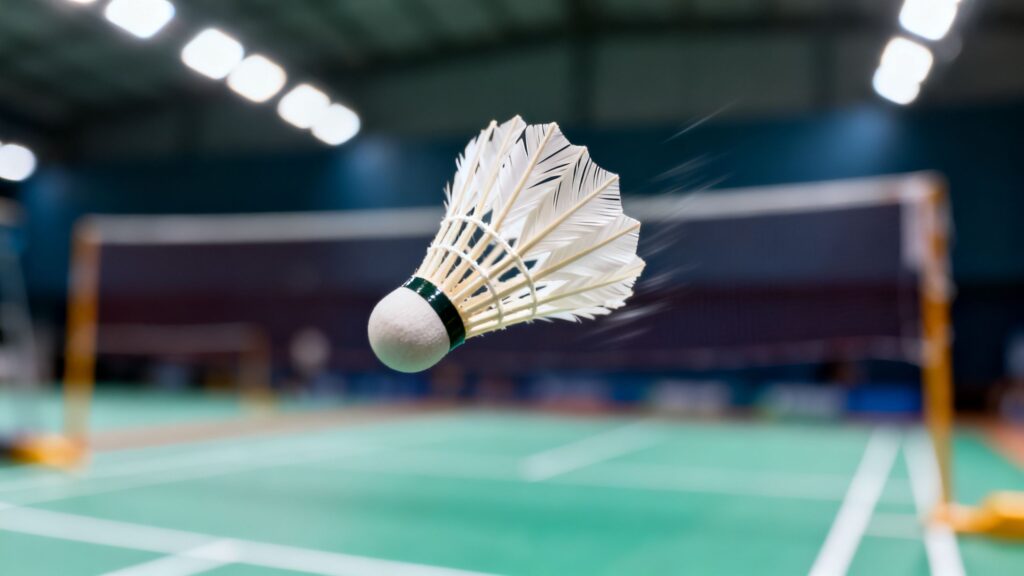 Feather badminton shuttlecock captured mid-flight on a court.